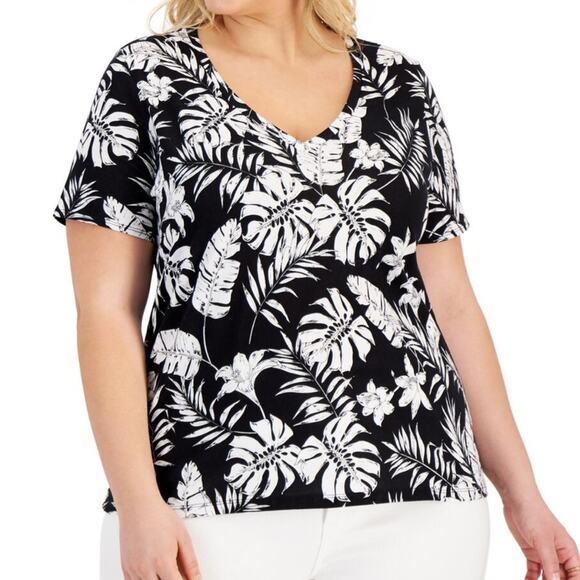 NWT INC International Concepts Plus Size Cotton V Neck Tee Tayler Tropical 1X - Picture 1 of 7